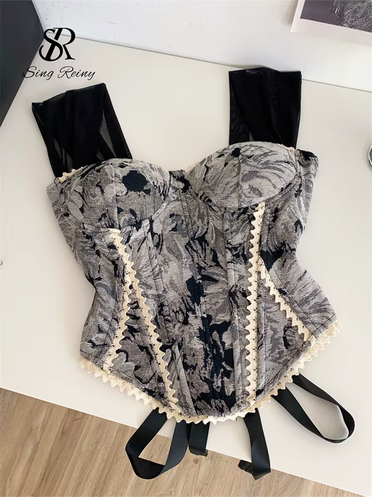 SINGREINY américain rétro imprimé soirée Camisole femme sangle dentelle épissé haut mince 2025 Streetwear Floral Vintage plage débardeur