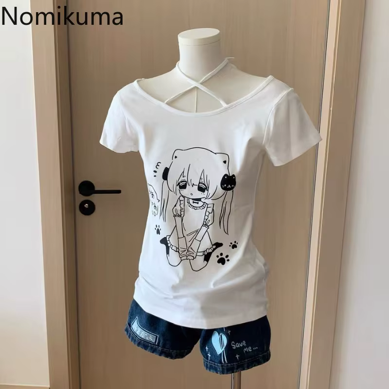 Femmes blanches t-shirts Y2k hauts 2025 Ropa Mujer manches courtes col rond