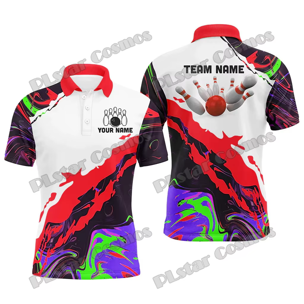 Camo Bowling Ball And Pins Option multicolore Nom personnalisé 3D Imprimé Polo pour hommes Été Unisexe