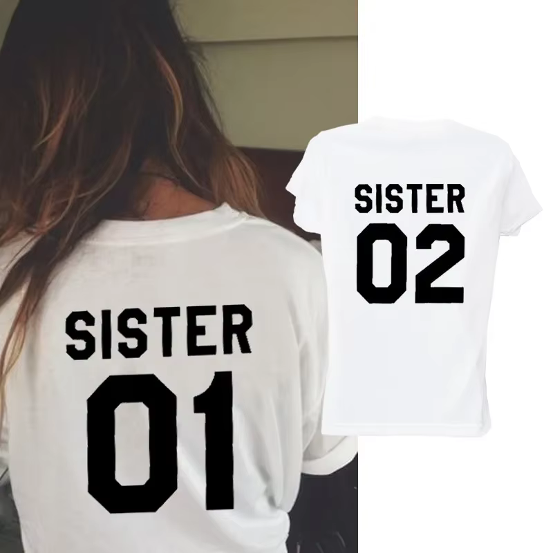 Sister 01 02 lettre imprimer femmes t-shirt à manches courtes col rond lâche amis