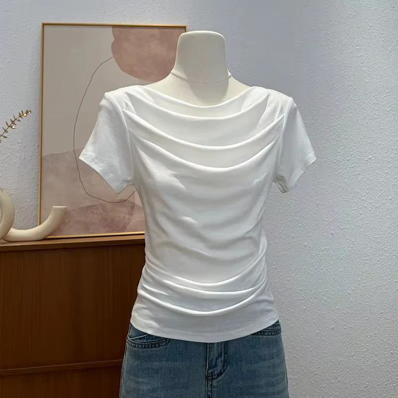 T-shirt drapé à col bénitier et manches courtes pour femme, en modal, coupe ajustée, taille froncée, élégant et décontracté, idéal comme sous-vêtement.