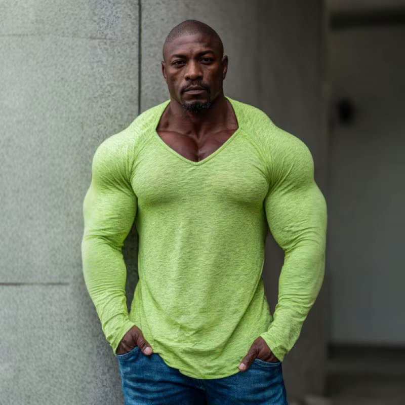 T-shirt de fitness à manches longues et col en V pour homme