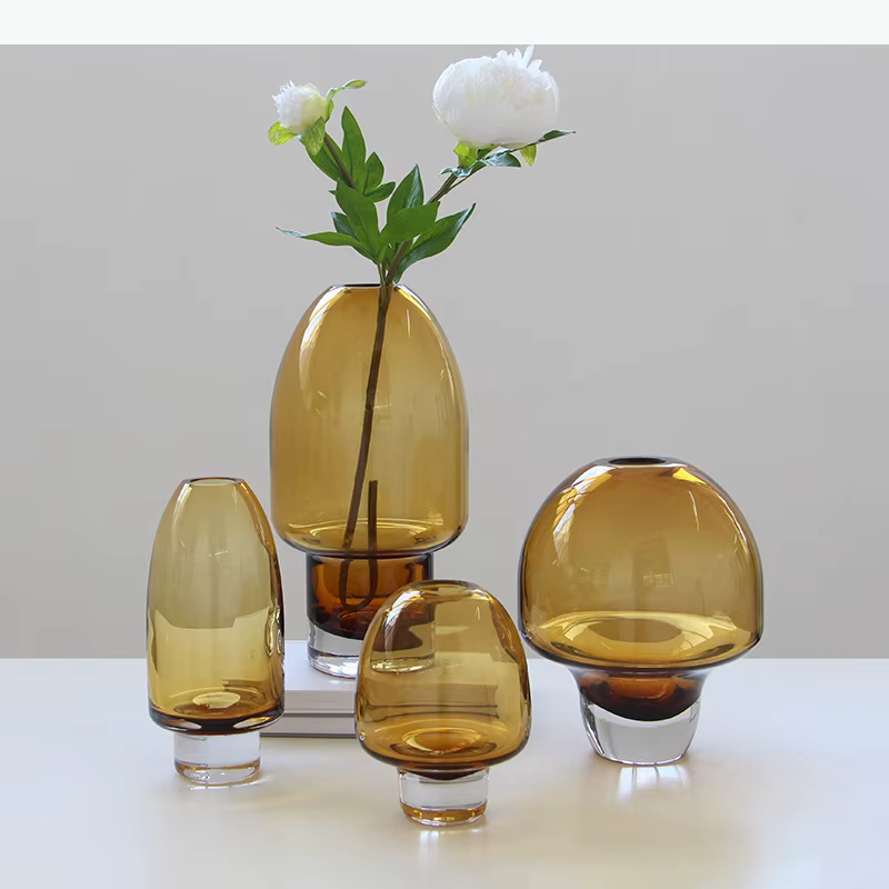 Vase en verre transparent couleur ambre, pots ronds pour fleurs, décoration de table, arrangement floral, vases floraux, décoration esthétique de la pièce