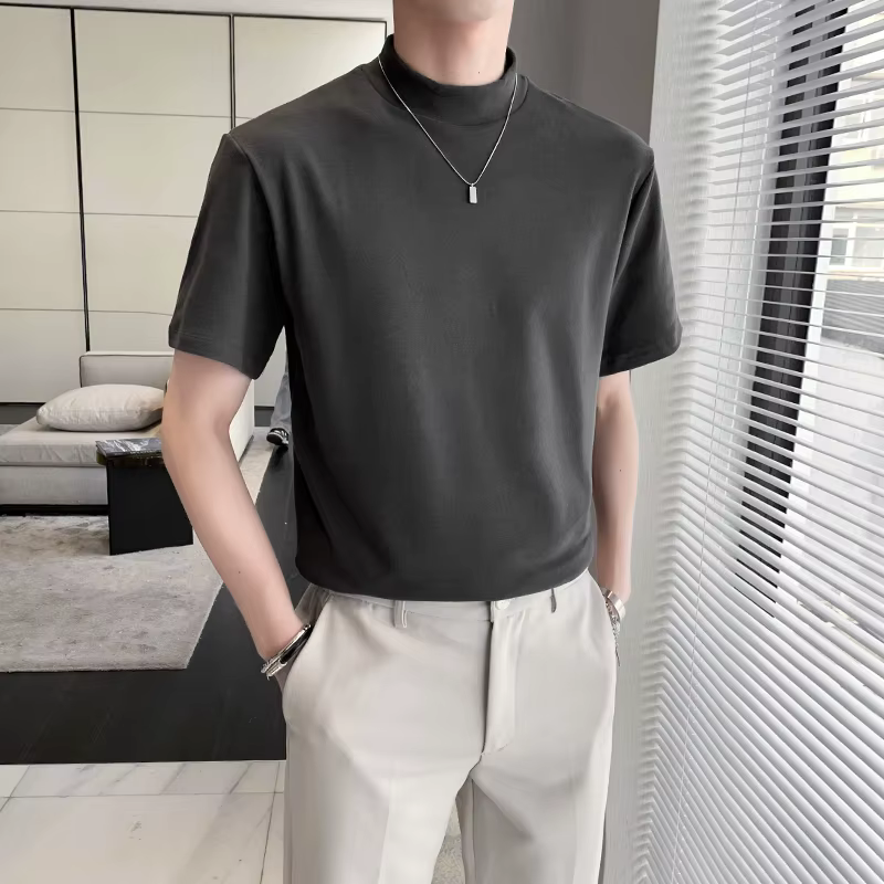 T-shirt à col roulé monochrome pour hommes, coupe couvertes, décontracté, manches courtes, col haut, vêtements confortables, 7 couleurs, tout match