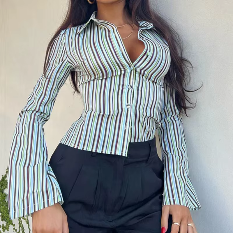 Femmes col à revers col en V ajusté chemises à fines rayures bureau dame boutonné T-shirt Vintage Preppy Coquette Blouse Y2k hauts courts