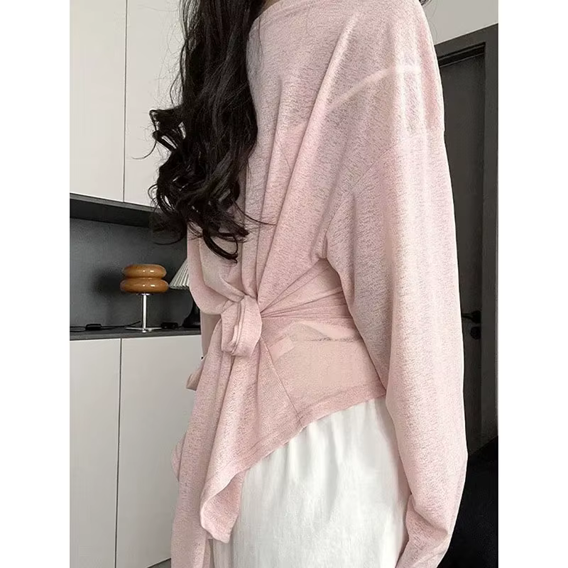 Chemise transparente de protection solaire pour femme, t-shirt d'été fin, respirant, à manches longues, couleur unie, col rond, vêtements basiques