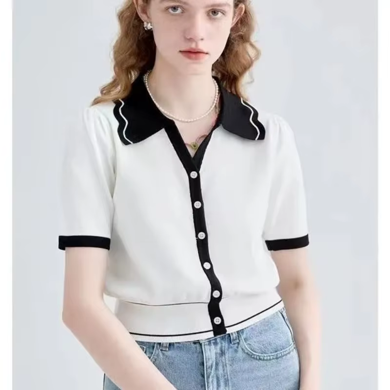 Cardigan fin en maille à col polo pour femme