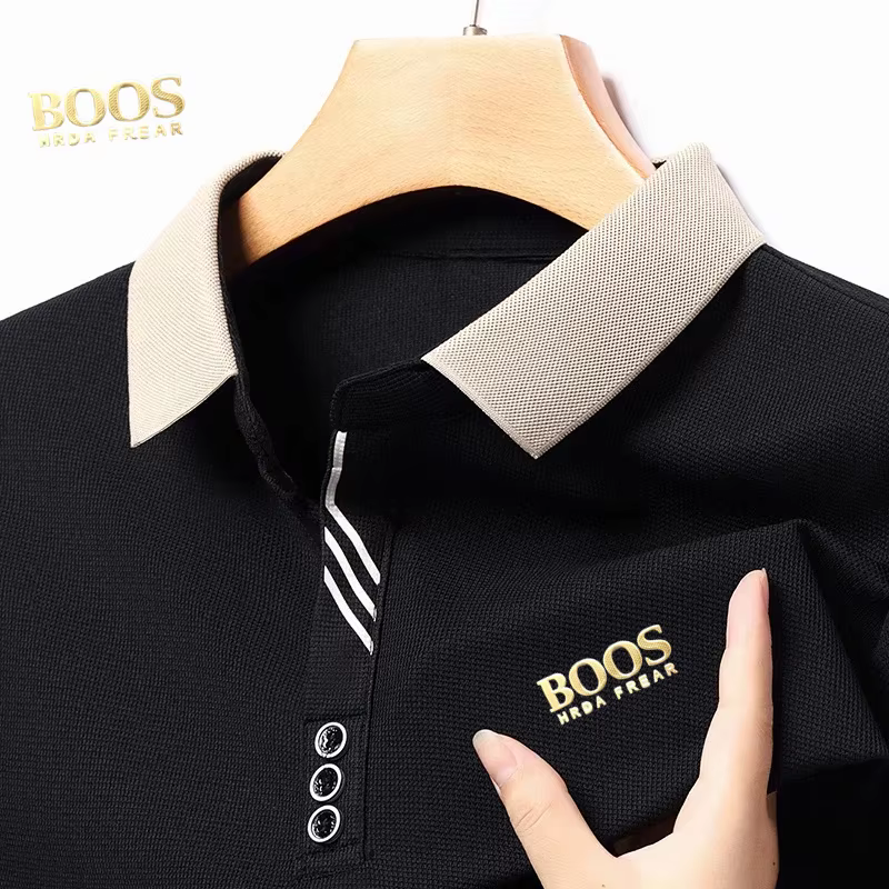 Logo Standard doré Chemise décontractée à manches longues Polo de couleur unie à la mode Respirant Confortable Topshirt polyvalent pour moi