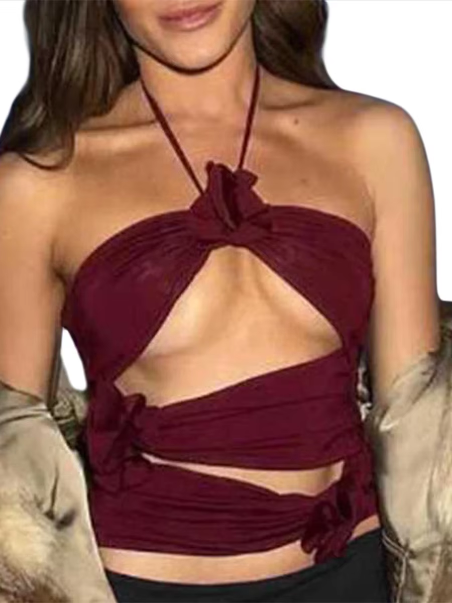 Haut court à bretelles florales 3D pour femmes, sans manches, moulant, découpé, col licou, Camisole Y2k, Bustier ajusté, Corset