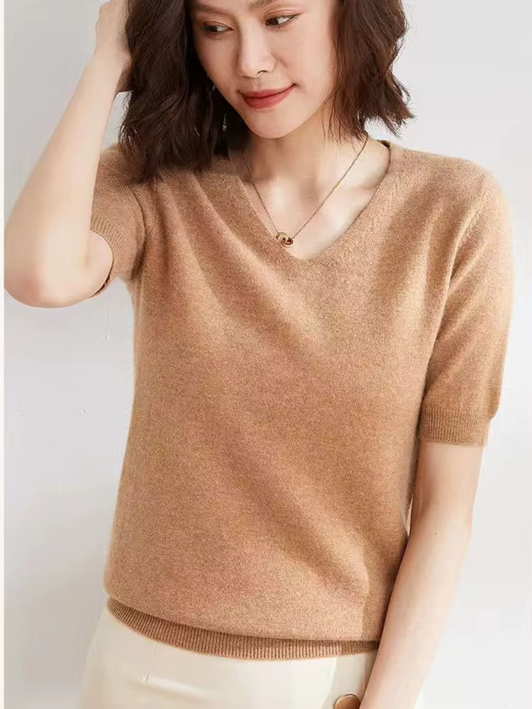 Printemps mérinos laine t-shirt col en V laine à manches courtes femmes tricots porter cachemire femme pull à manches courtes Base t-shirt