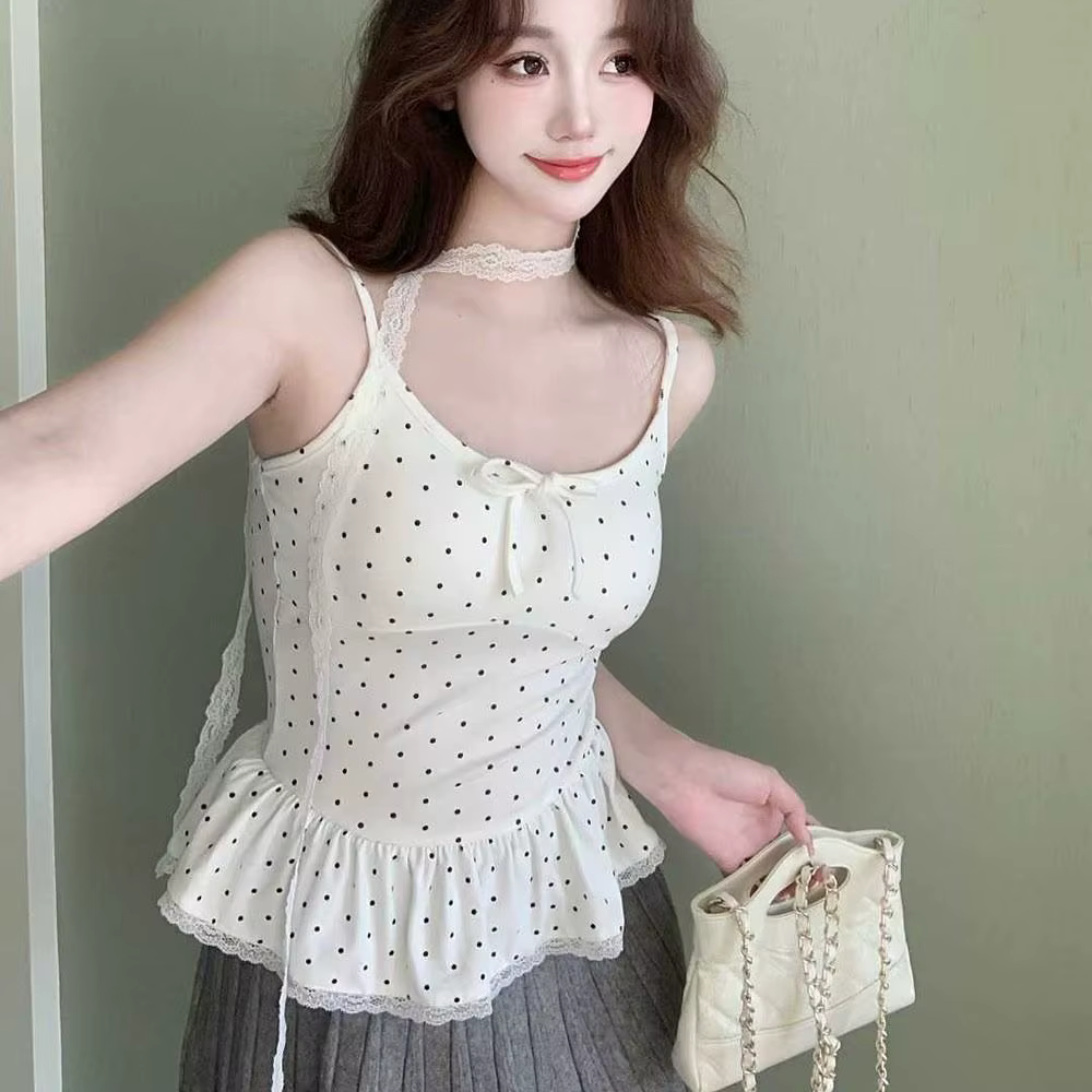 Nouveau débardeur camisole à pois avec nœud et dentelle, coupe ajustée, sexy, col en V, avec ruban