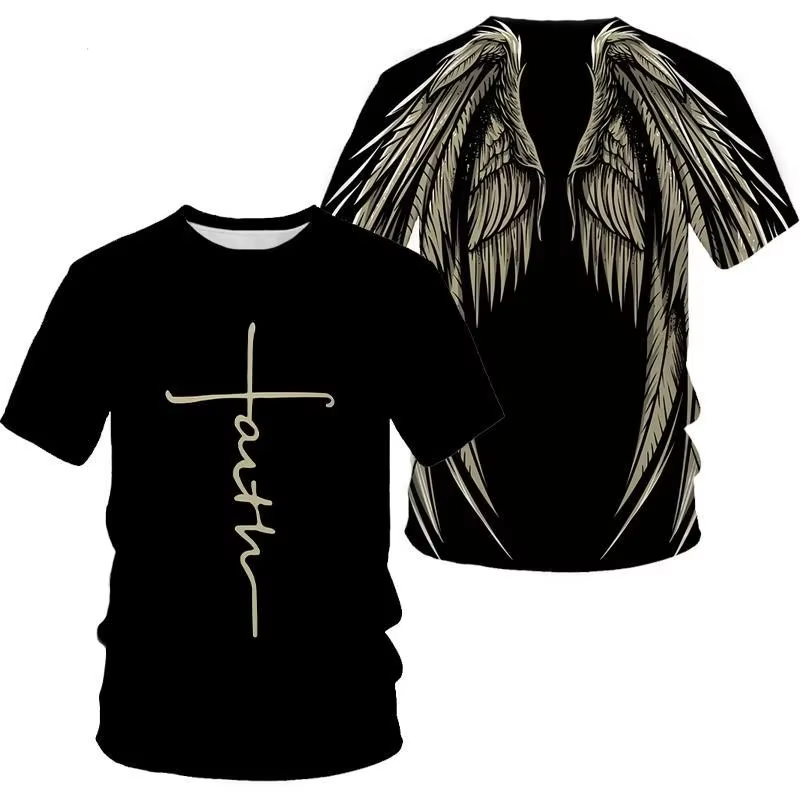 Ailes d'ange croix 3D imprimé t-shirt hommes femmes mode Cool et amusant à manches courtes