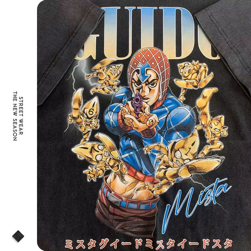 Bandai Anime JoJos t-shirt Vintage lavé JOJO boule d'acier course T-shirts Streetwear Manga Gyro Zeppeli hauts