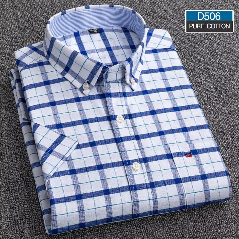 Chemises décontractées d'été pour hommes Oxford manches courtes col carré solide Plaid rayé poche unique chemise en coton confortable