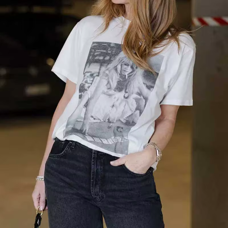 T-shirt blanc imprimé graphique femmes col rond manches courtes 2025 coton été