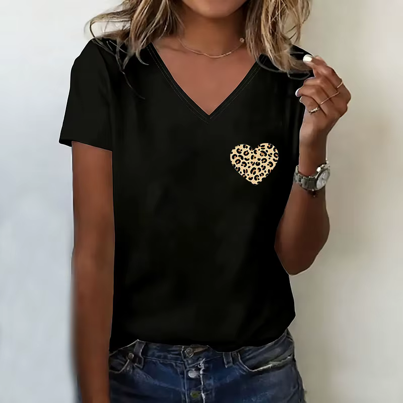 T-shirt graphique Léopard Cœur d'amour Col en V Décontracté Tendance Femme Manches Courtes Été Printemps
