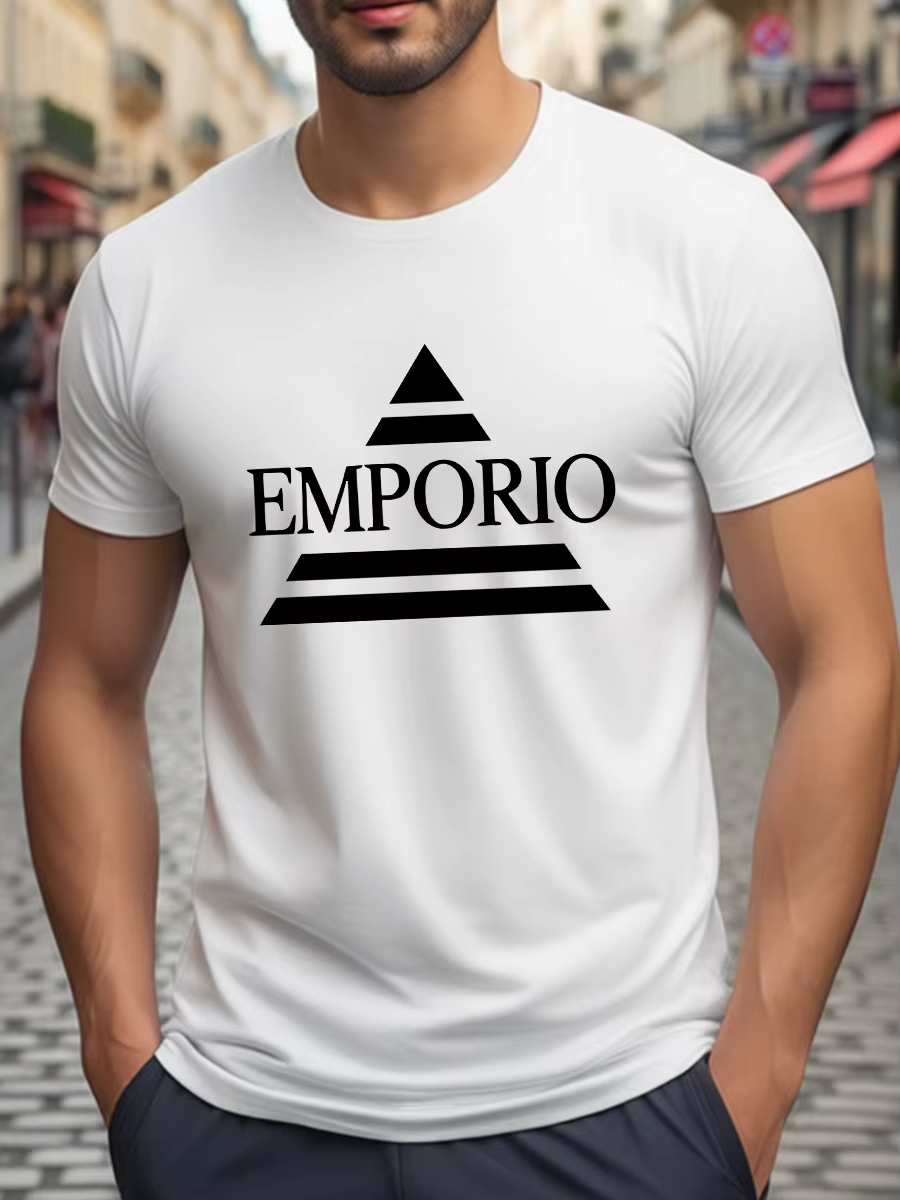 T-shirt blanc à col rond et manches courtes avec triangle noir et impression de lettres « EMPORIO »