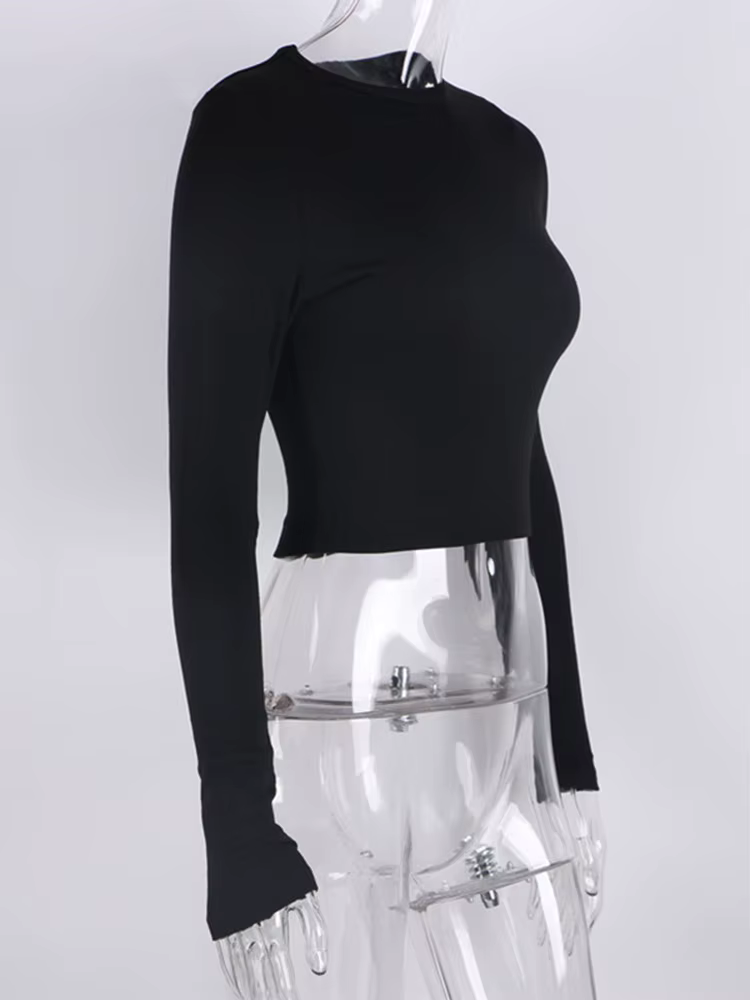 O cou à manches longues chemise femmes côtelé Sexy hauts courts 2022 printemps noir décontracté maigre mince basique femme t-shirts blanc