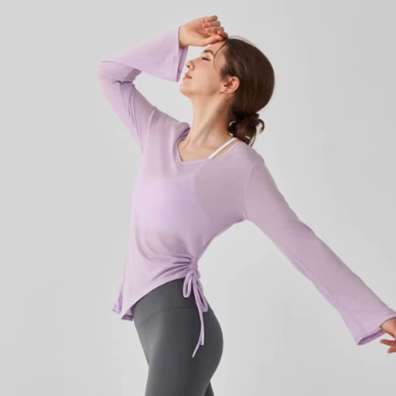 T-shirt de sport de yoga pour femmes, chemise de sport légère et fine avec cordon de serrage, ample, couvrant les hanches, fitness irrégulier, couverture à manches longues