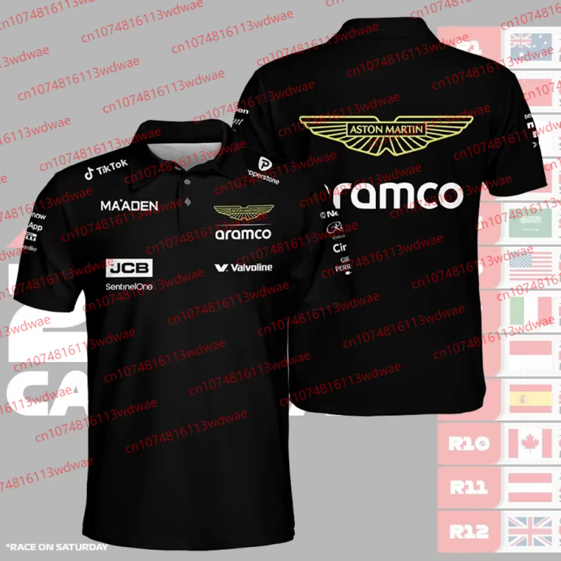 Aston Martin Racing Team Training Street Style Button Polo Shirt Fernando Alonso 14 Vêtements à manches courtes pour hommes et femmes