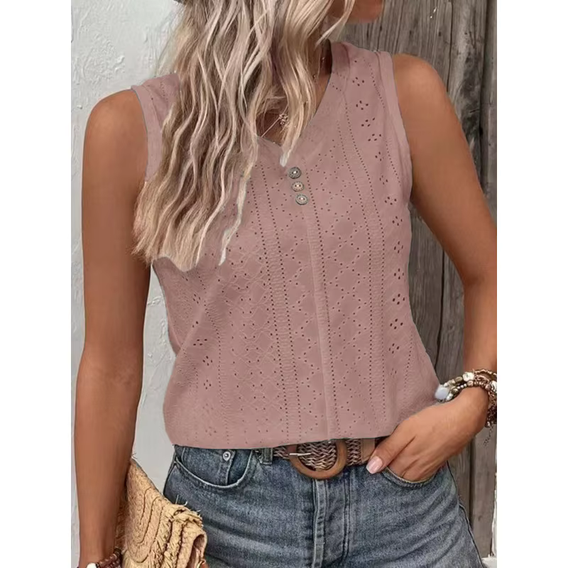 2025 nouveau débardeur pour femmes vêtements mode couleur unie col rond T-Shirt boutonné pour les femmes