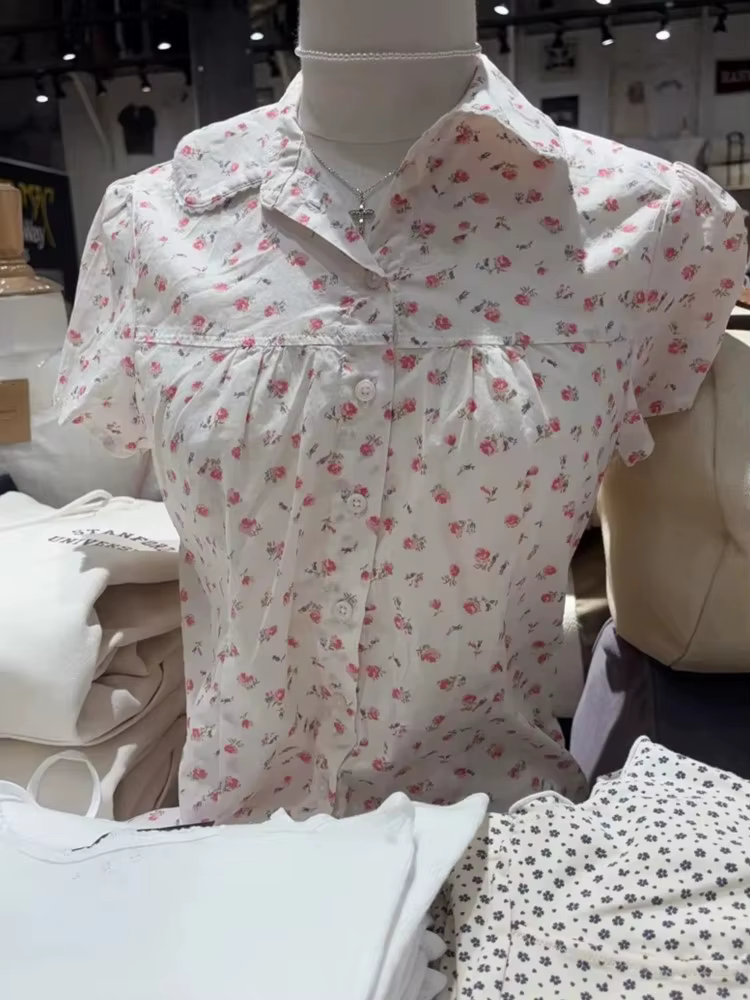 Doux rouge Floral T-shirt Blouse femme été col panoramique simple boutonnage manches courtes t-shirts décontracté