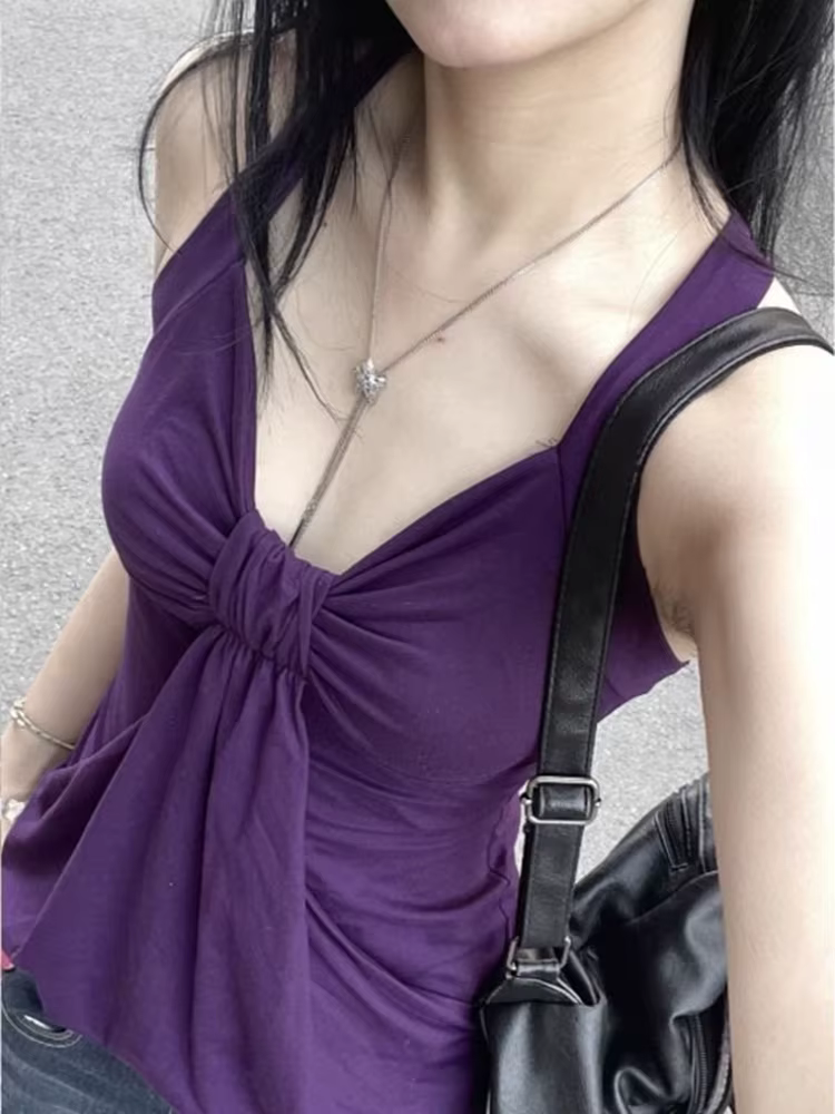 Aoaiiys Débardeur Violet Plissé Halter pour Femme