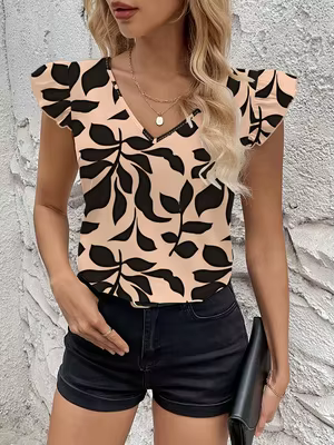 Haut à manches volantées imprimé feuilles beige et noir pour femme