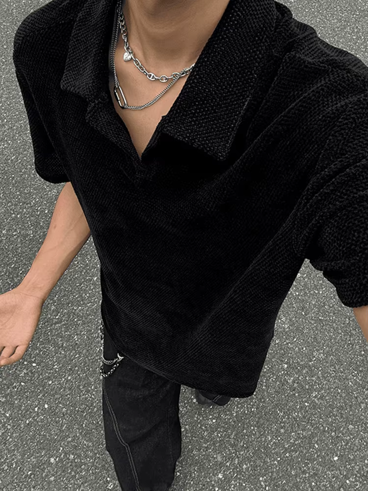 Polo Homme Vintage Streetwear Couleur Unie Manches Courtes Col