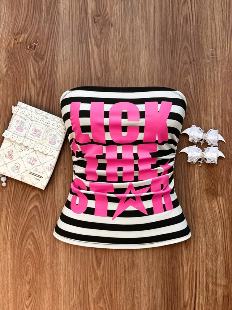 Top tube rayé noir et blanc Y2K pour femme avec imprimé lettres et étoiles roses