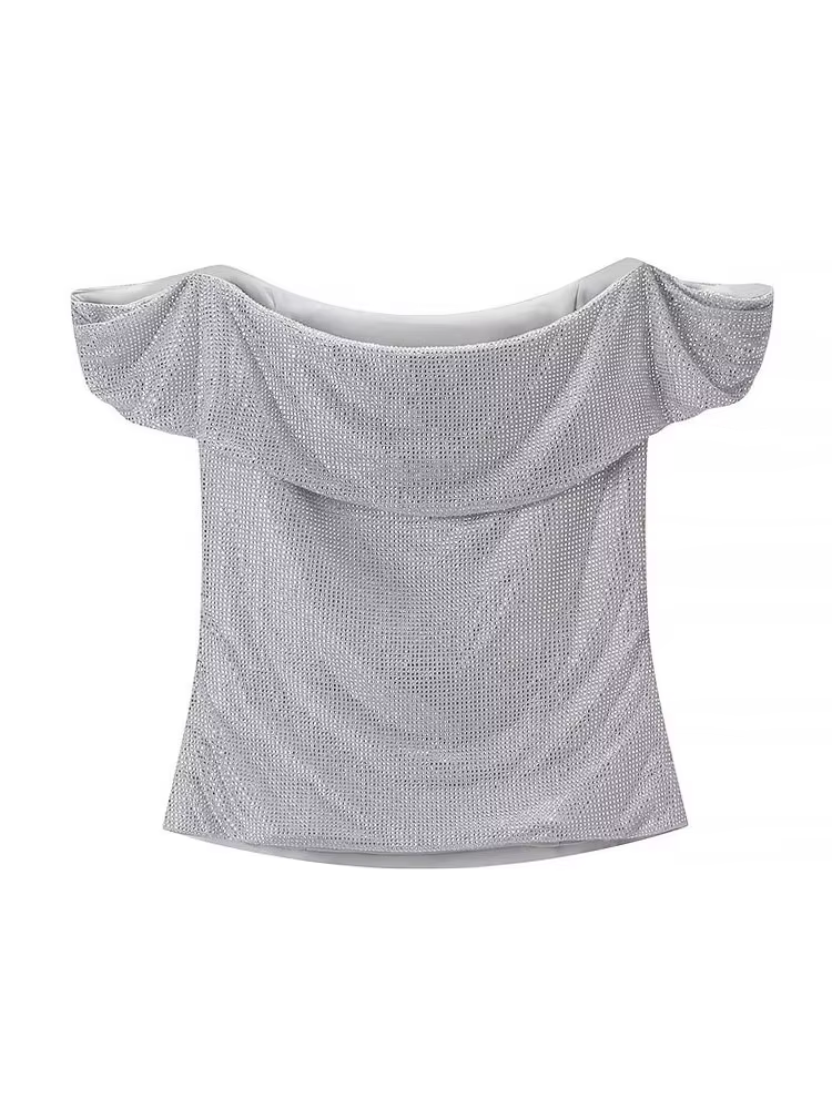 HH femmes nouvelle mode sans manches hauts courts argent une pièce col dos nu diamant décoration femme été Sexy haut mince