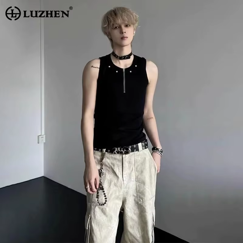 LUZHEN fermeture éclair Rivet métal décorer couleur unie vêtements de rue hommes 2025 été mince sans manches T-shirts à la mode débardeurs JY2794