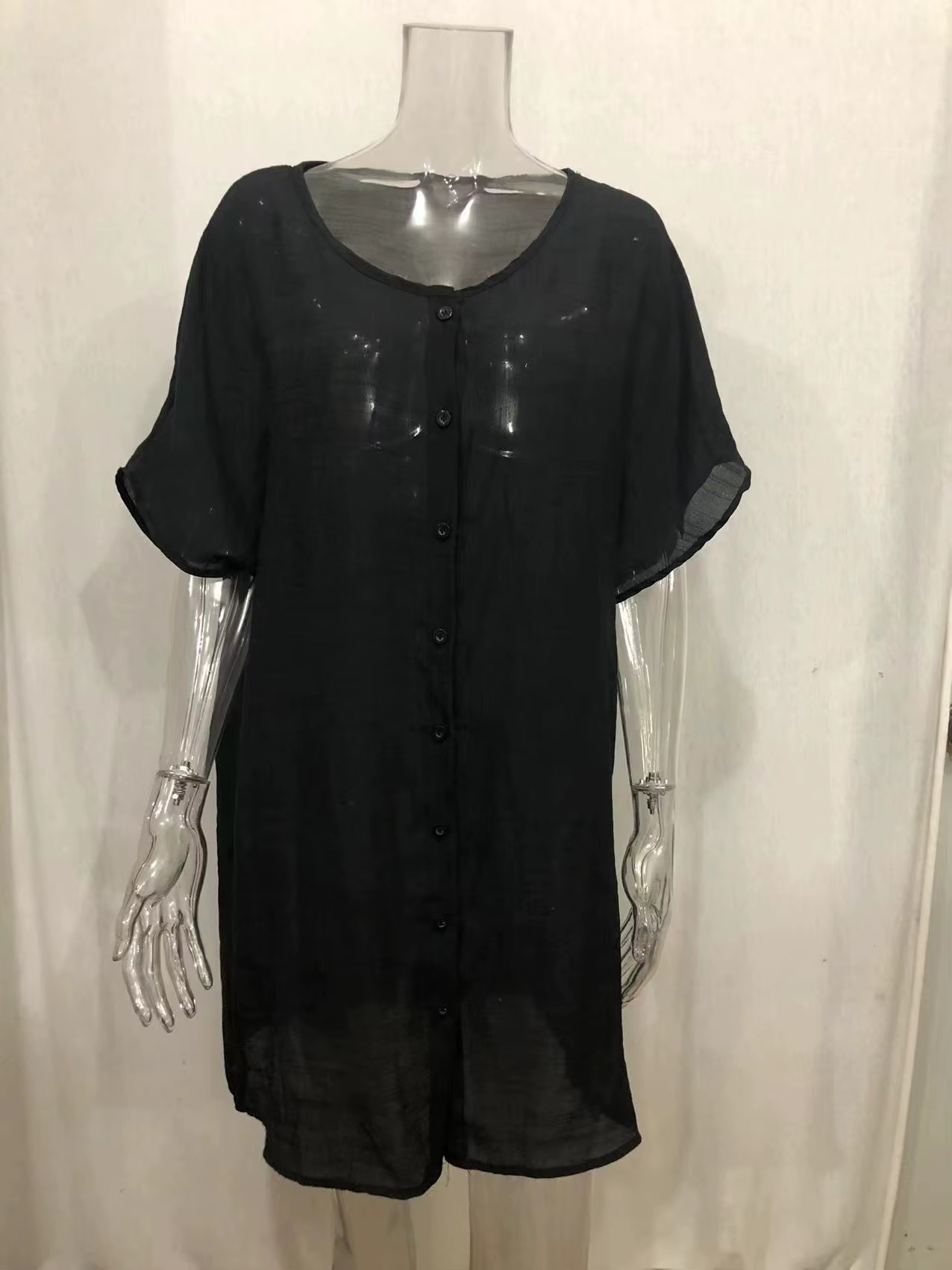 Femmes coton lin longue Blouse été à manches courtes solide bouton