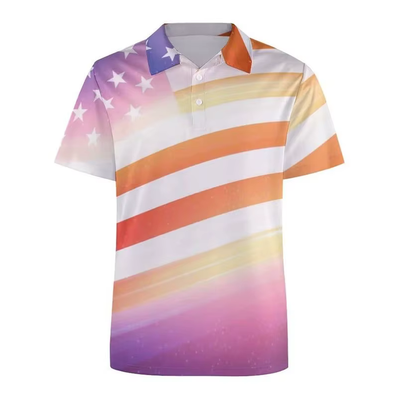 Polo pour Homme 2026 Tendance Motif Drapeau USA Impression 3D Manches Courtes T-shirt Vente Chaude Style Urbain Été Boutonné Col Revers Ample
