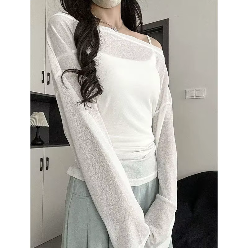 Chemise transparente de protection solaire pour femme, t-shirt d'été fin, respirant, à manches longues, couleur unie, col rond, vêtements basiques