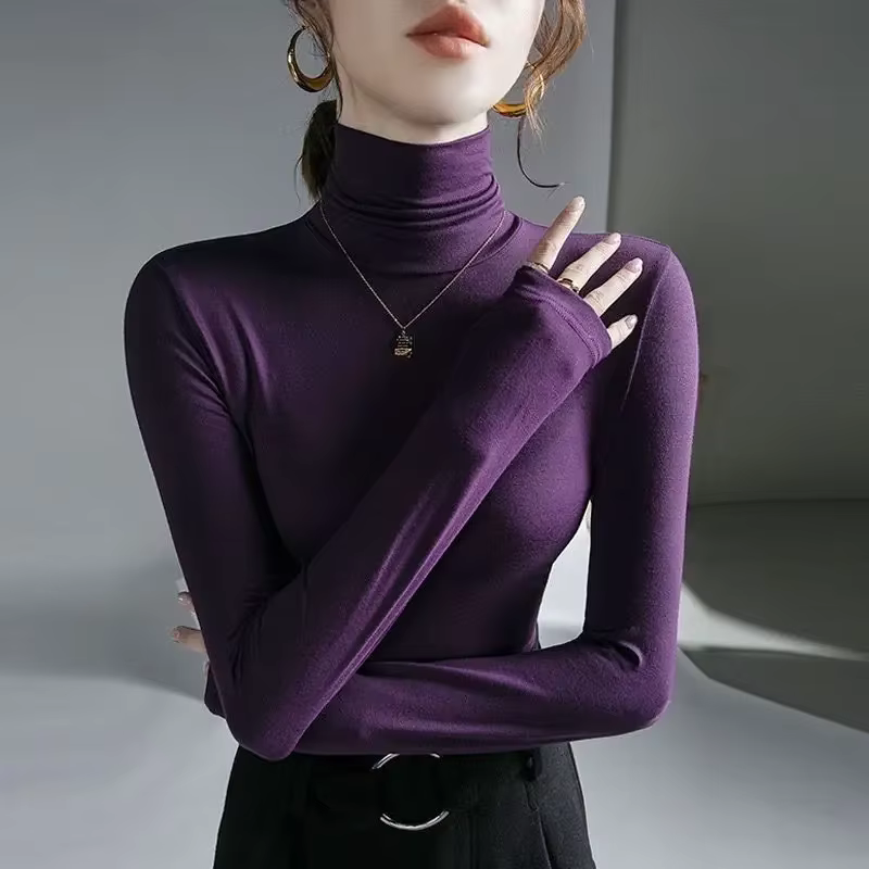 Femme T-shirt col roulé vêtements maigres 2025 haut noir pour femmes violet