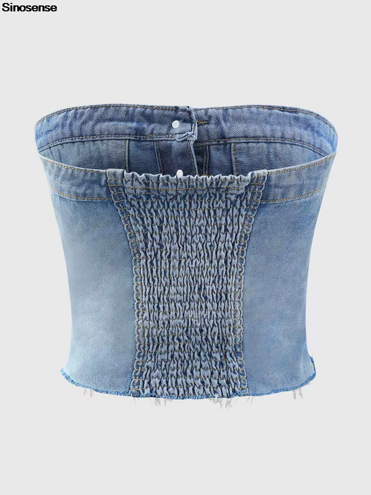 Haut court en denim sans bretelles pour femme