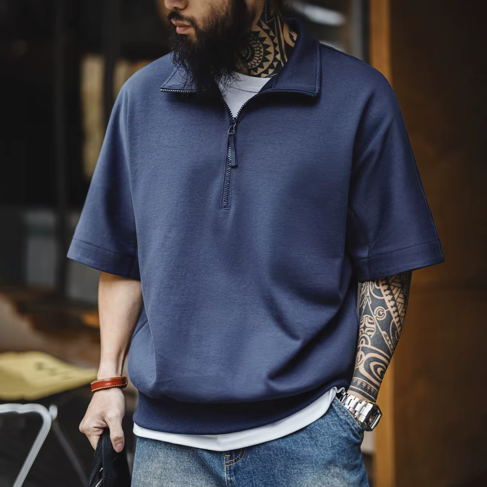 Maden Vintage Boro Style demi-zip manches courtes Polo hommes été Indigo teint imprimé col ample T-Shirt décontracté gris hauts