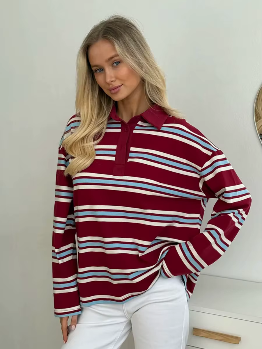 Wolfeel Femmes Vintage Inspiré Rétro Rayé Col Polo Surdimensionné Goutte Épaule Manches Longues T-Shirt À La Mode Haut Décontracté