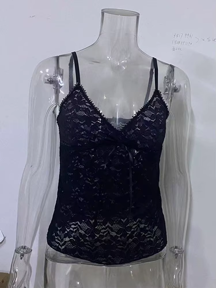 Haut court en dentelle transparente noire pour femme