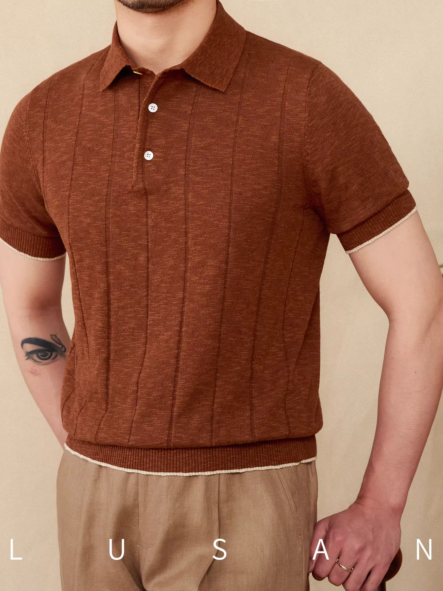 Polo tricoté en lin et coton mélangé pour hommes