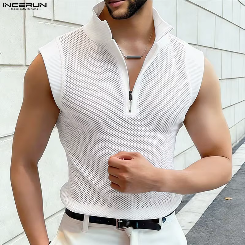 INCERUN Débardeurs Homme Évidés Transparents Été Streetwear Sexy Fermeture Éclair 2026 Tops Tendance Vêtements