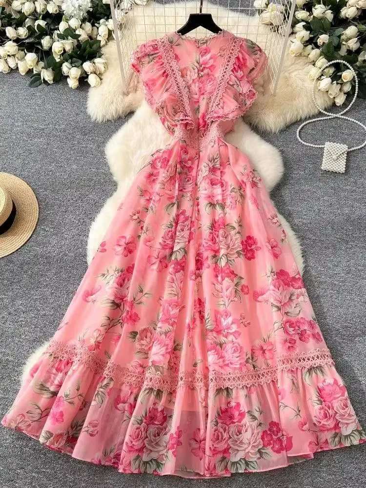 Femmes manches papillon plage Boho volants longues robes vacances d'été dentelle évider épissure magnifique fleur en