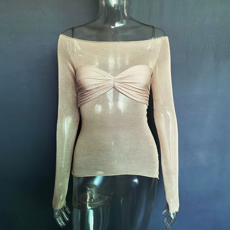Haut à manches longues et épaules dénudées pour femmes, idéal pour l’été, avec un nœud torsadé, un décolleté plissé, une coupe ajustée, un effet transparent et une allure élégante et tendance.