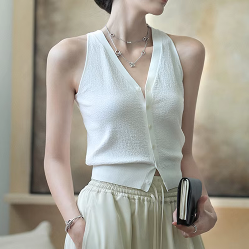 Pull gilet pour femmes doux tricoté bouton avant col en v sans manches Blouse femme décontracté français Chic tenue à la mode