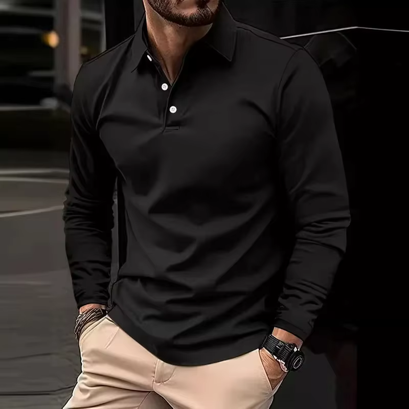Classique hommes simple couleur unie revers polos printemps automne affaires loisirs voyage en plein air amis fête à manches longues hauts