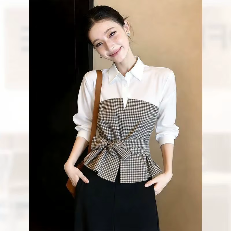 Chemisier Tendance Faux Deux Pièces à Carreaux Contrastants, Col Polo, Manches Longues, Élégant, Printemps-Automne, Style Coréen, Vêtements de Bureau pour Femmes