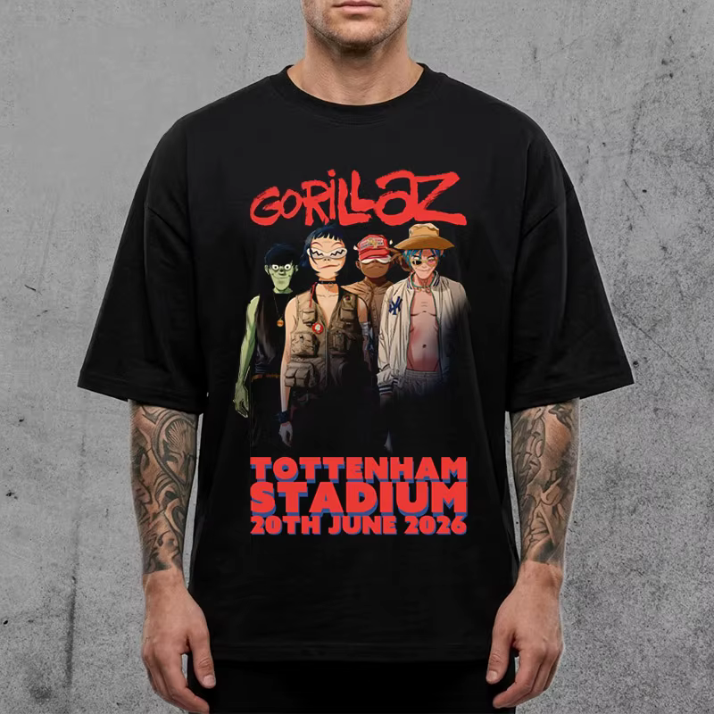 Gorillaz TOTTENHAM STADIUM 20TH JUNE 2026 Merch Summer T Shirt Coton Unisexe Hommes Femmes T-Shirt Fans Vintage Casual Tee