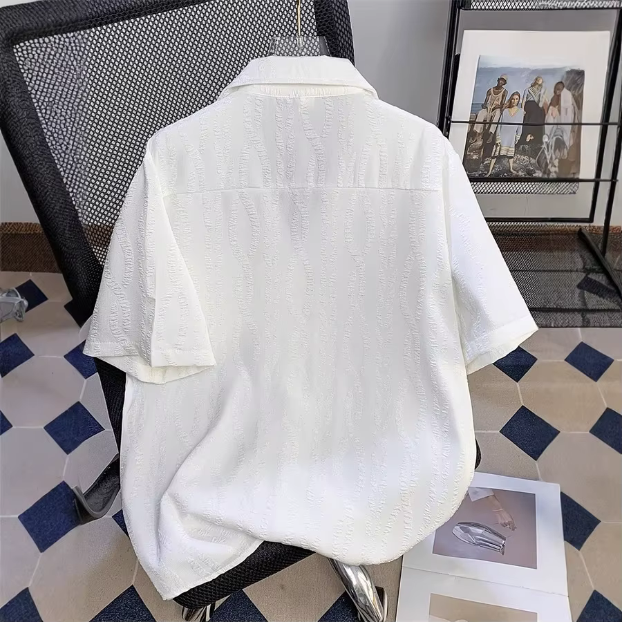 Chemise de plage ample à col cubain texturé à manches courtes pour homme – Tissu mélangé décontracté d'été à haute résistance des couleurs – Mode jeune