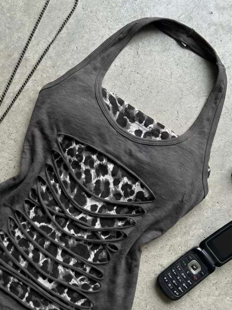 Débardeur Halter Léopard Esthétique Y2K Effet Deux Pièces pour Femme